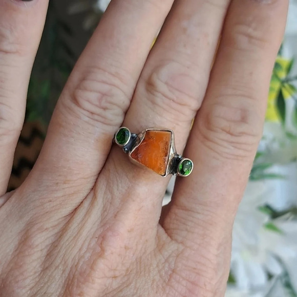 Jewelry - Raw Fire Opal & Natural Chrome Diopside In Sterling Silver. Sz.10